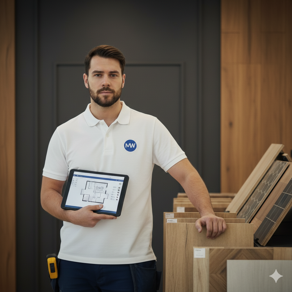 Profissional MãoWork usando camiseta com o logotipo MW